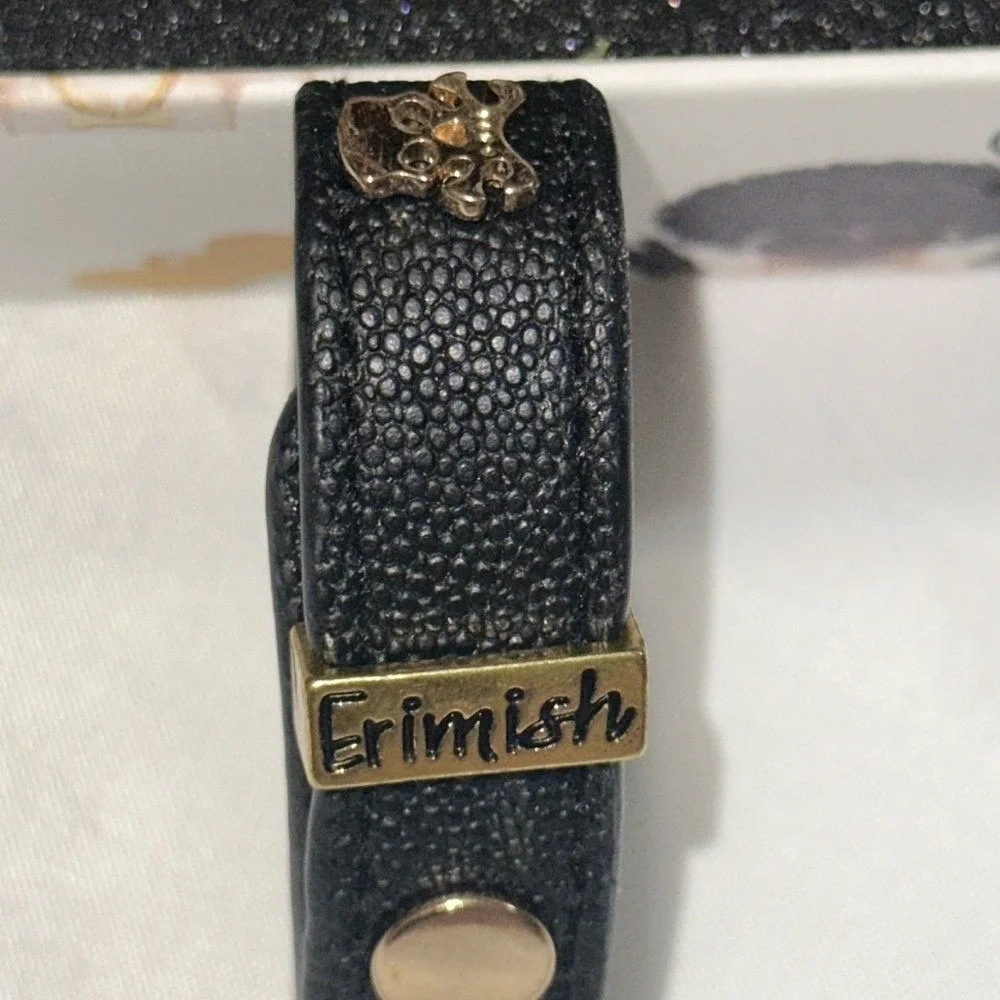 Erimish Dawg Marty Black Leather Skull Bracelet and Dog Collar Set Gold Hardware